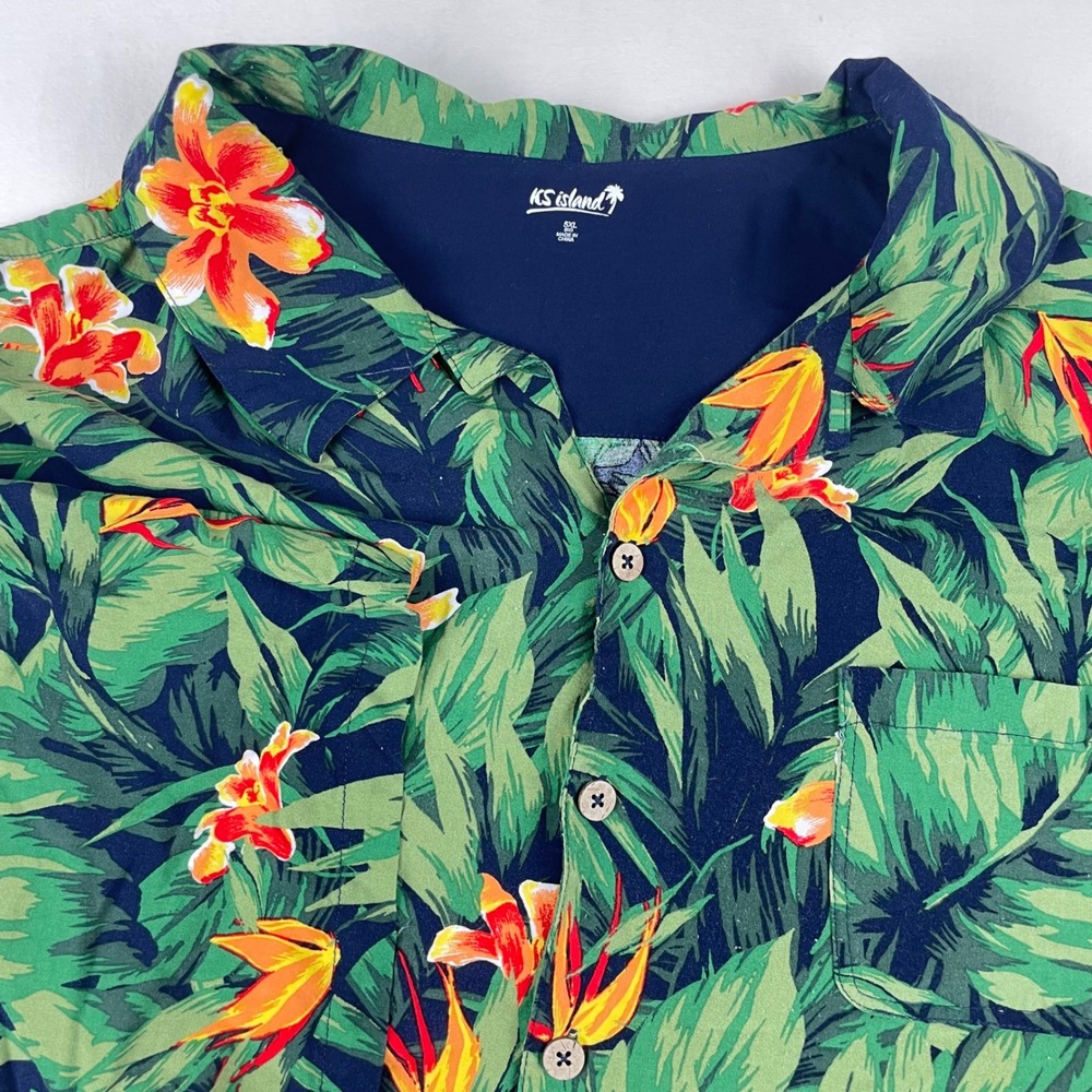 KS Island Mens 5XL Big Tropical Floral Hawaiian Button Up Shirt Navy Green 5X